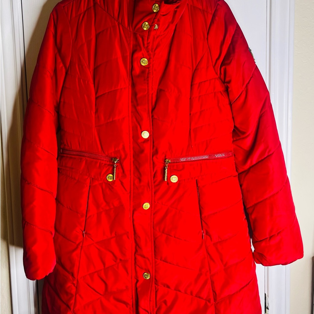 Vintage Rocawear Women’s Red Puffer Jacket S Faux Fur Hood Winter Coat